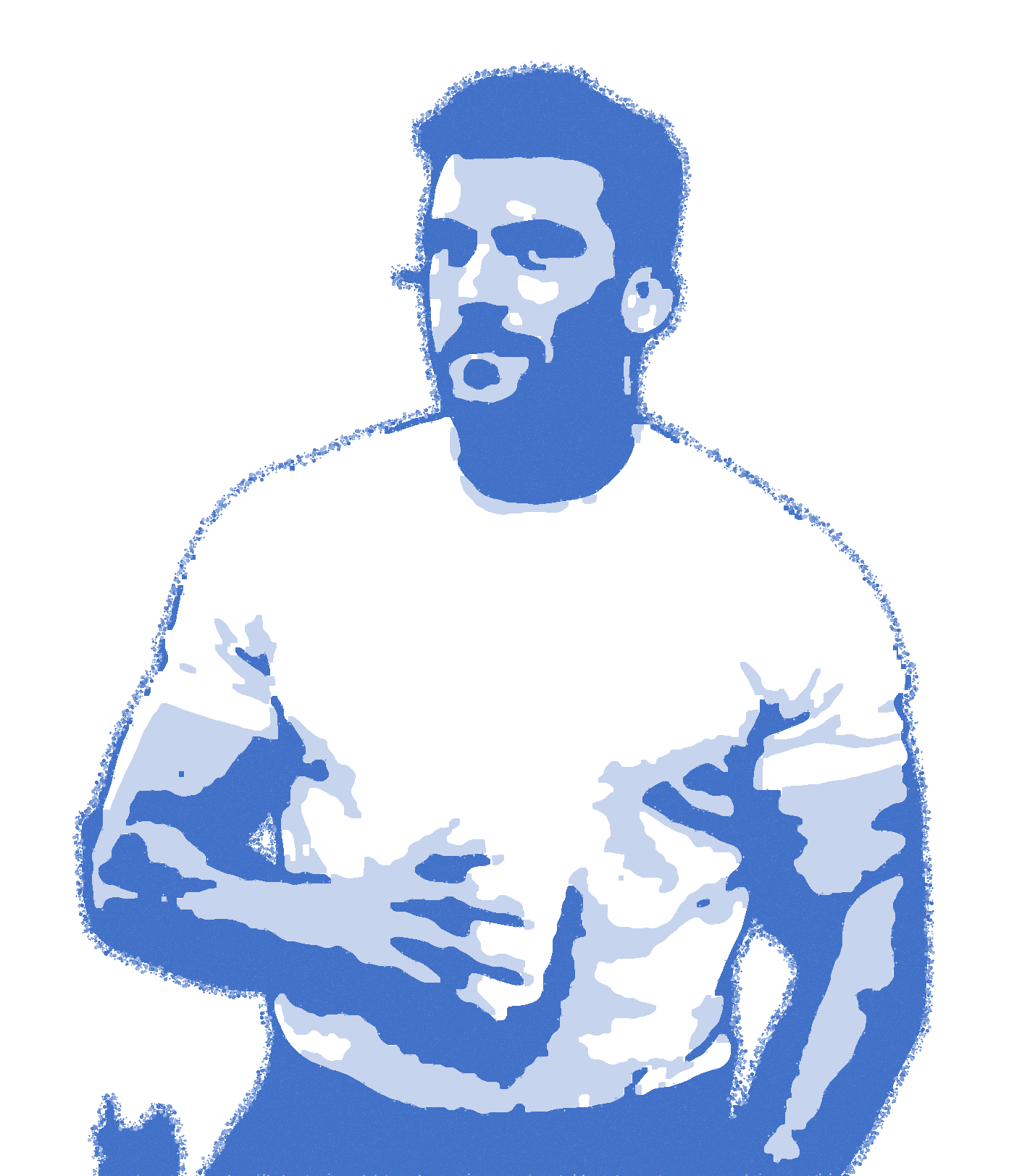 Wil, arms crossed, in a blue screen-print stencil