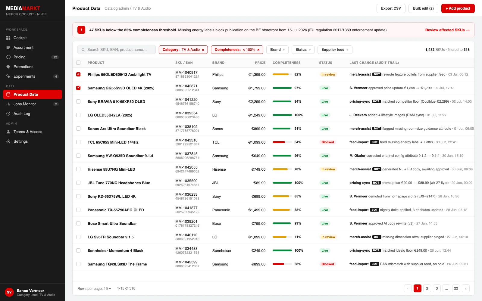Product data admin listing SKUs with completeness scores and a last-change audit column