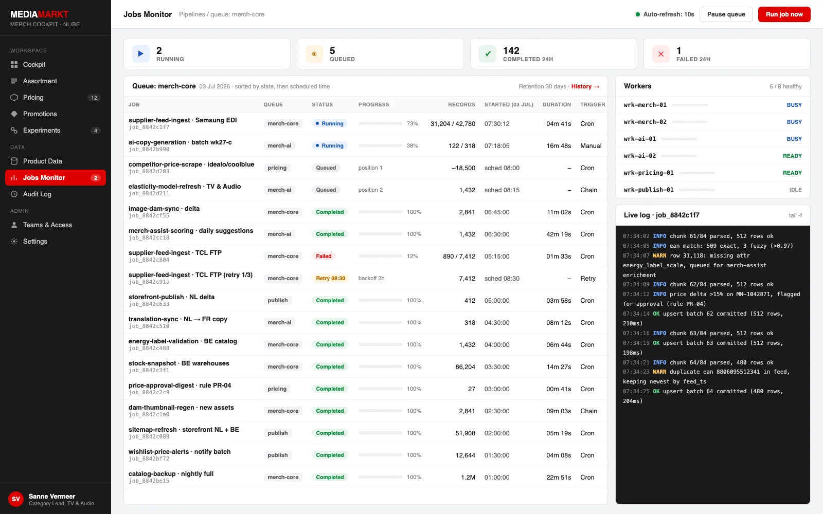 Jobs monitor showing running, queued and completed pipeline jobs with a live worker log