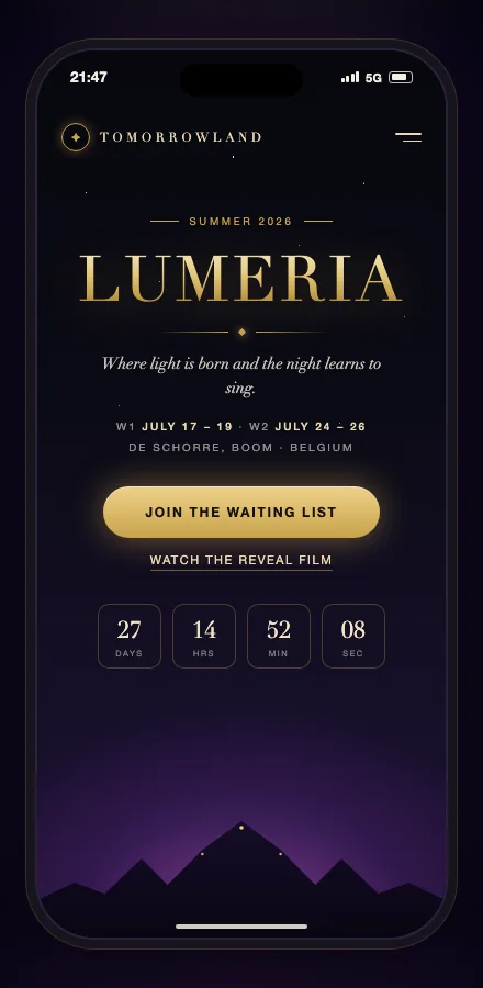 Tomorrowland Lumeria site on mobile