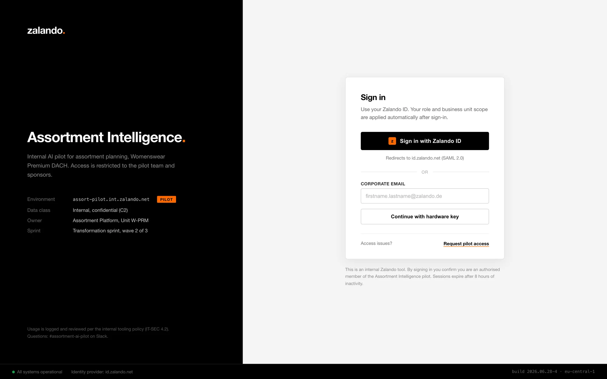Zalando ID sign-in screen for the assortment pilot